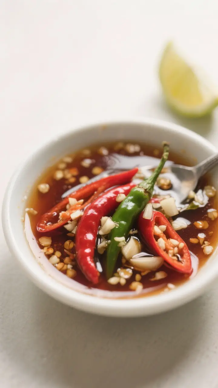 Close-up detail: Small dipping dish of finished Prik Nam Pla with glossy fish sauce base swirled wit