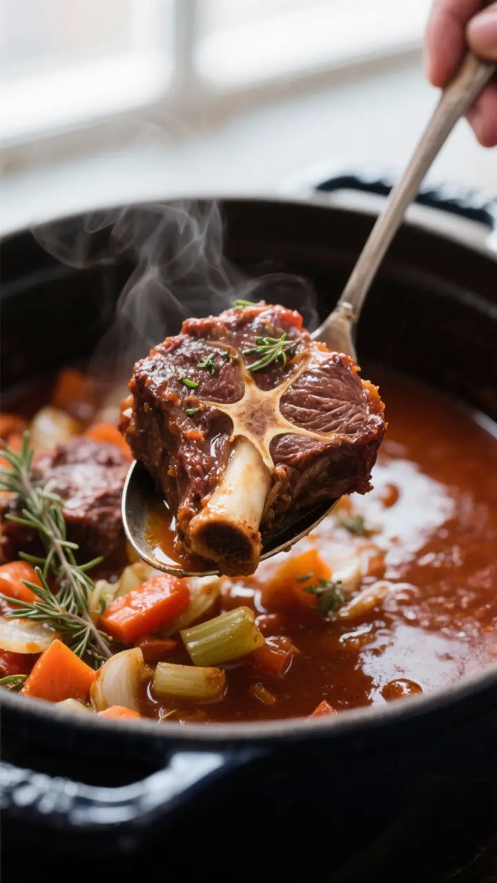 Close-up detail: Spoon-tender osso buco shank just lifted from the braise, glistening with a silky t