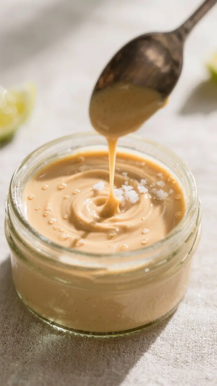 Close-up detail: Spoonable Crema Mexicana being gently stirred in a clear glass jar after chilling, 