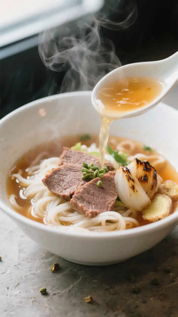 Close-up detail: Steaming-hot pho bo broth being poured from a small ladle into a bowl already fille
