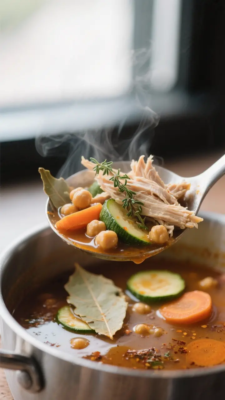 Close-up detail: Steaming ladle of caldo tlalpeño lifted from the pot, showing shredded chicken str