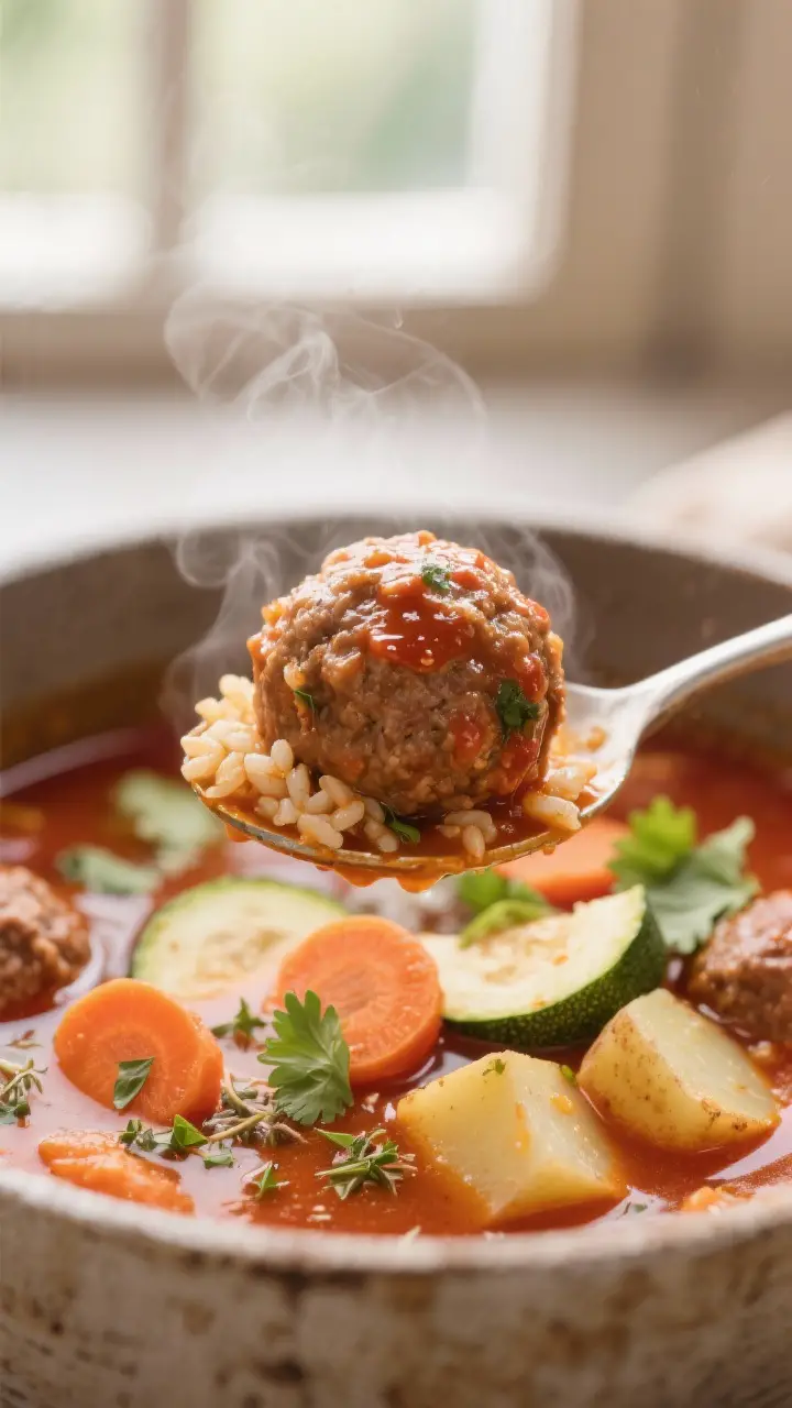 Close-up detail: Tender albondigas just cooked in a rich, tomato-forward broth, one meatball ladled