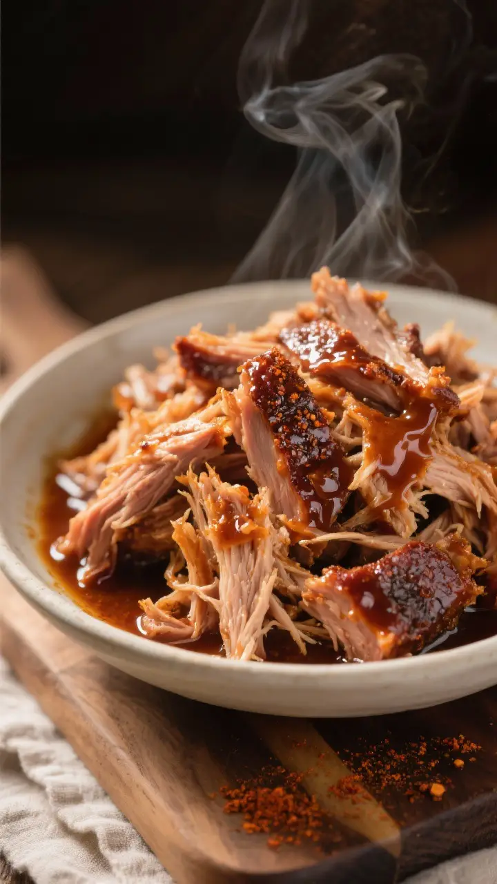 Close-up detail: Tender pulled pork freshly shredded in a wide, shallow bowl, strands glistening wit