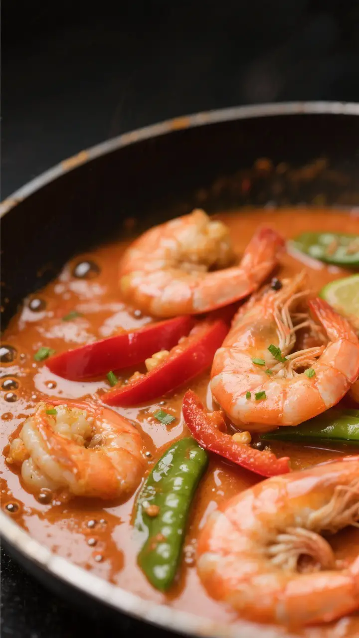 Close-up detail: Thai Coconut Curry Shrimp simmering in a shallow skillet, shrimp just turned pink a