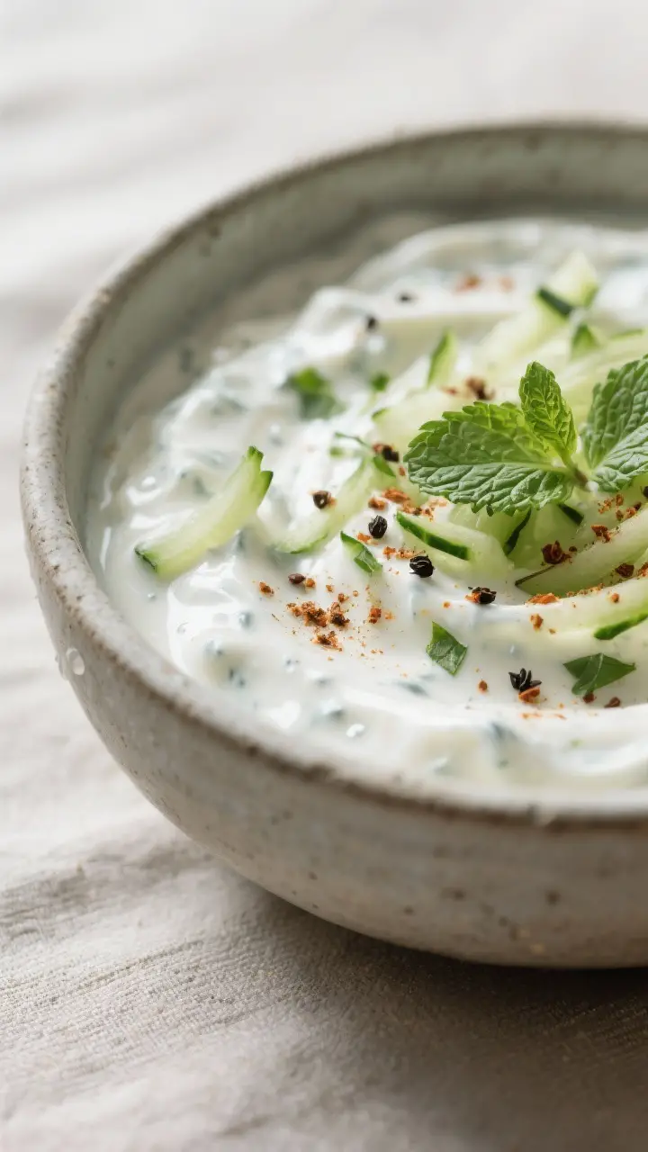 Close-up detail: Thick, creamy cucumber raita just mixed in a stoneware bowl, showing suspended grat