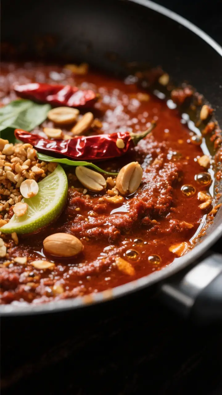 Close-up detail: Thick, freshly bloomed Panang curry paste sizzling in a shallow skillet with a glos