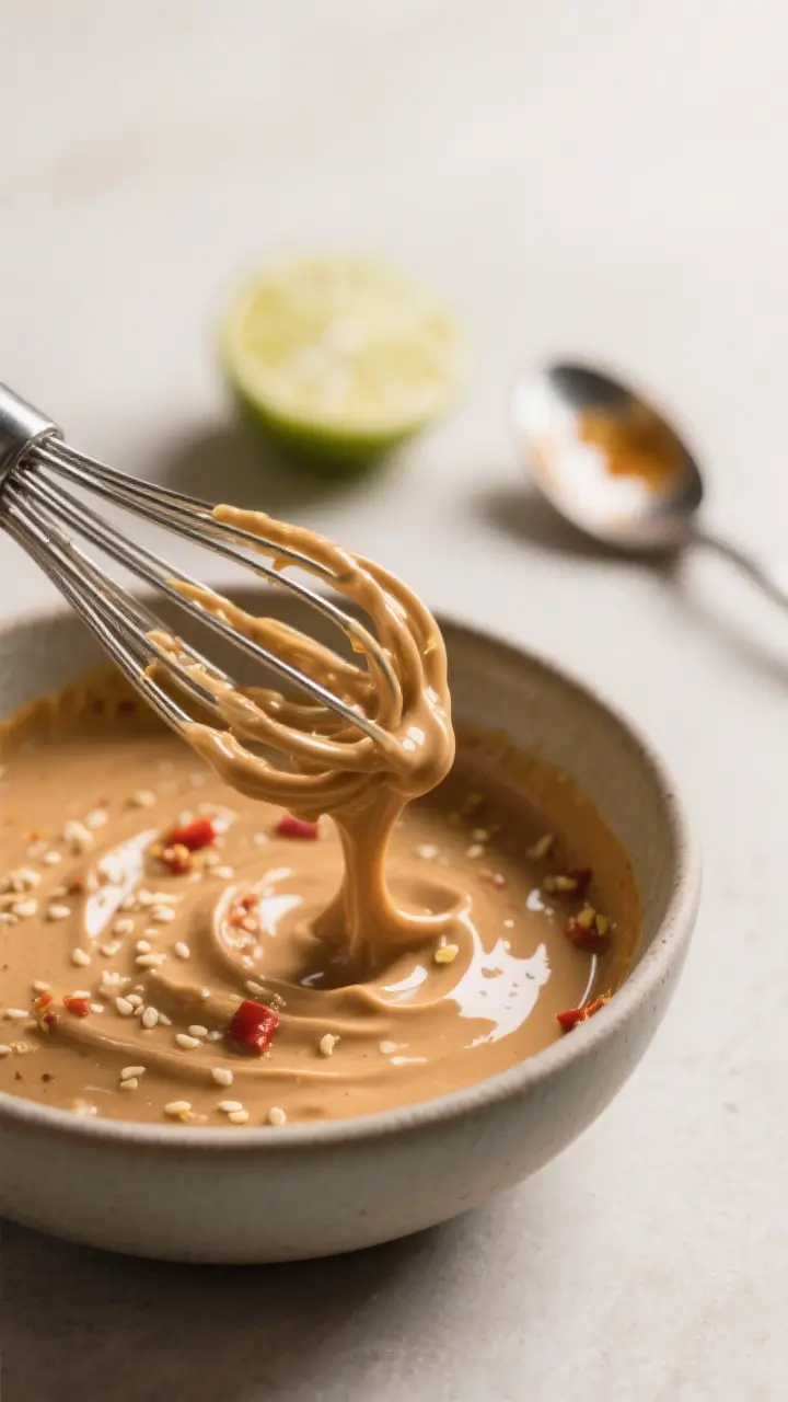 Close-up detail: Thick, glossy Thai peanut sauce being whisked to silky smoothness in a matte cerami