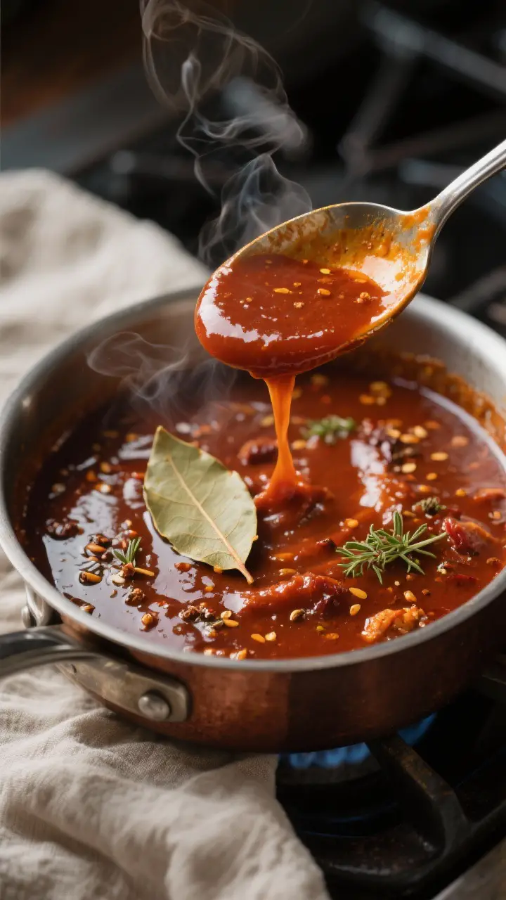 Close-up detail: Thick, simmering adobo sauce in a small saucepan, glossy and richly red-brown with 