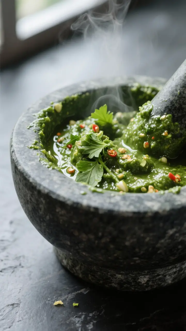 Close-up detail: Thick, spoonable Thai green curry paste being pounded in a dark granite mortar, glo