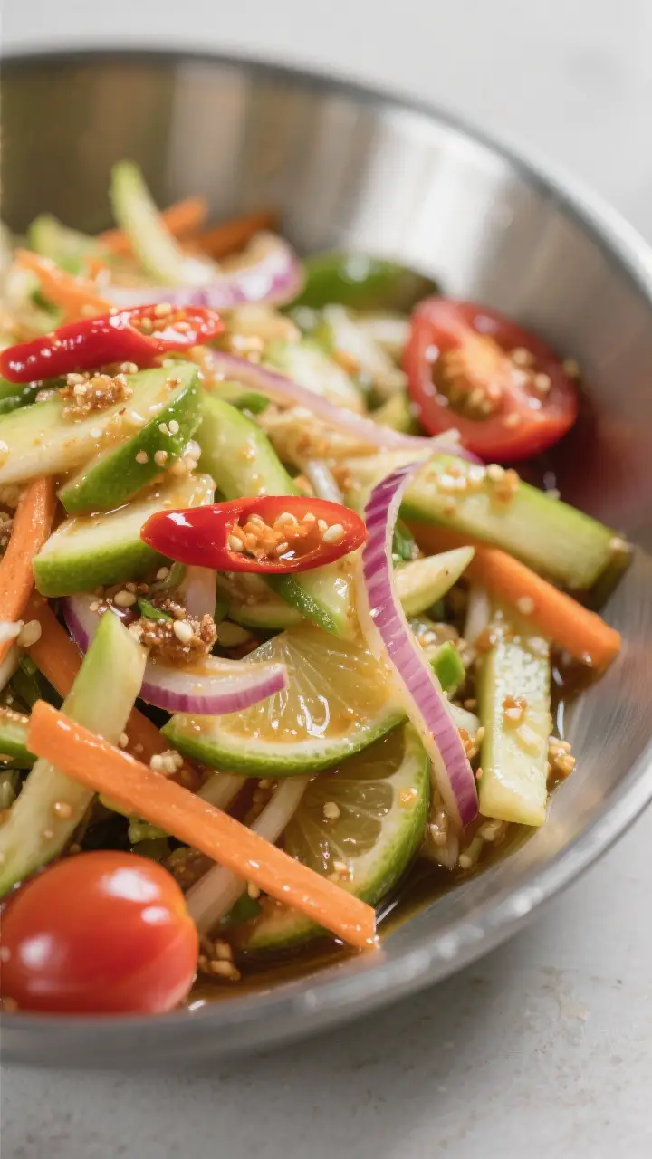Close-up detail: Tossed Yum Mamuang salad mid-mix in a wide stainless bowl, showing glossy julienned