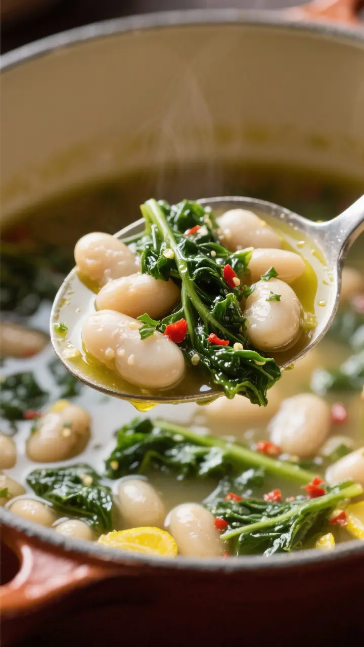 Close-up detail: Ultra-close shot of a ladle lifting the finished white bean and kale soup from the 