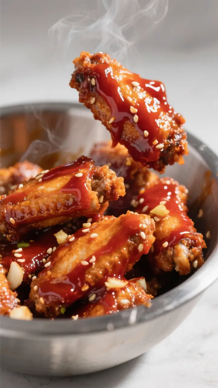 Close-up detail: Ultra-tight shot of crispy cooked chicken wings being tossed in a glossy gochujang