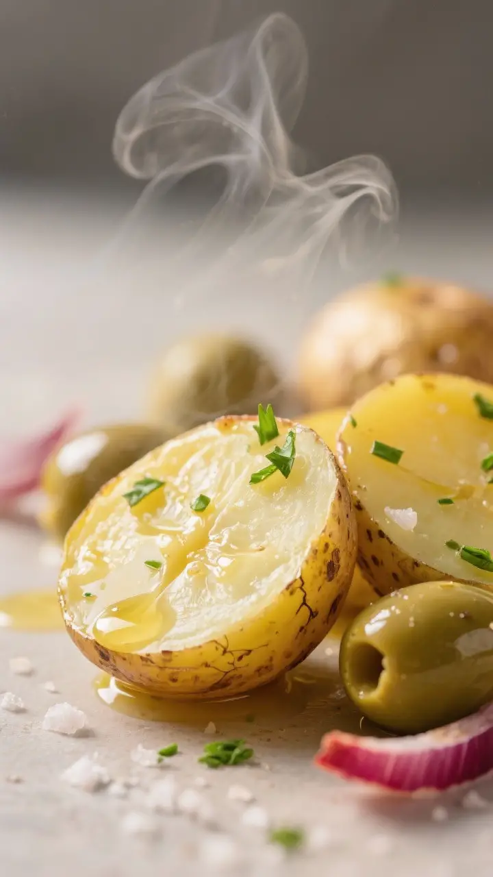 Close-up detail: Warm, halved baby Yukon Gold potatoes just tossed with lemon-Dijon vinaigrette and