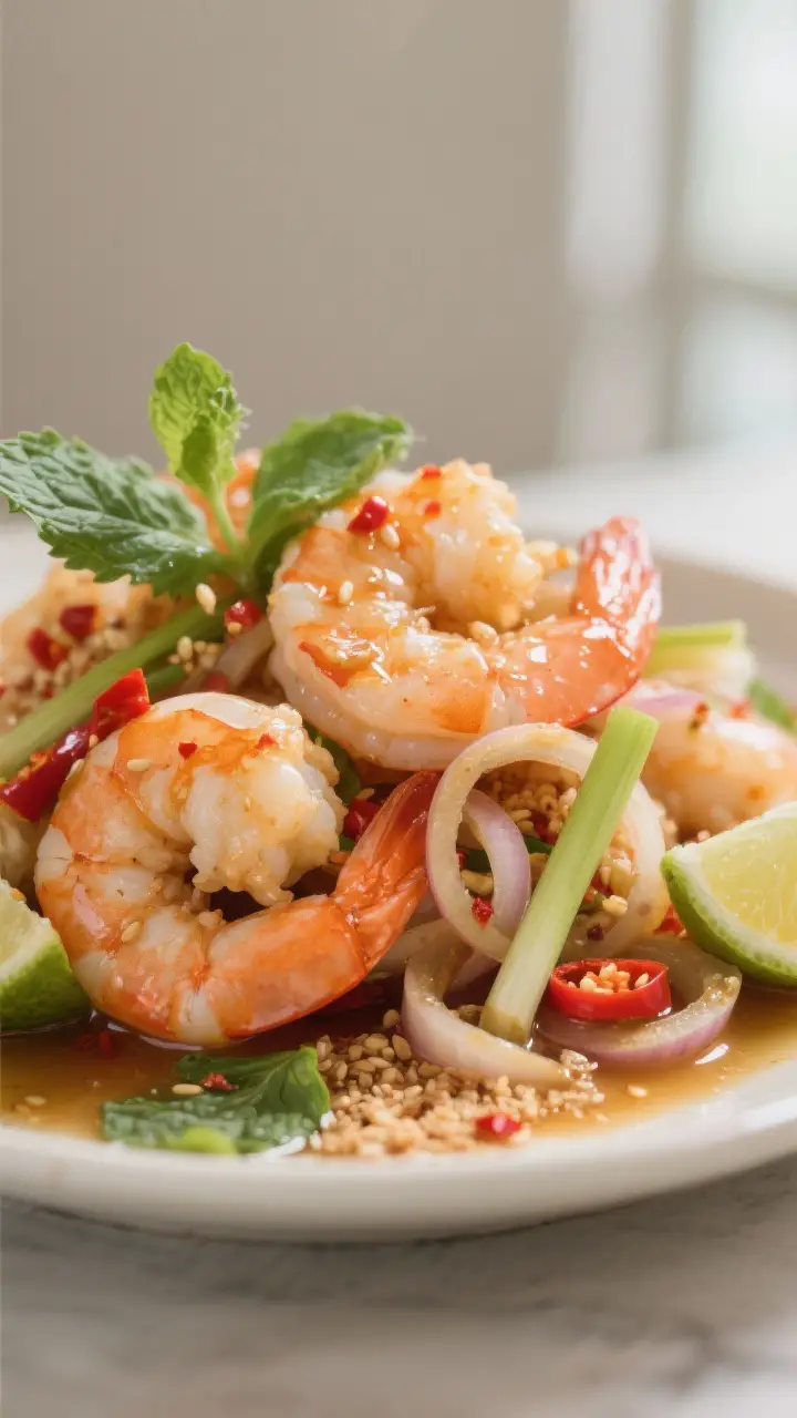Close-up detail: Warm, just-poached shrimp tossed with glistening lime-fish sauce dressing, thin rin