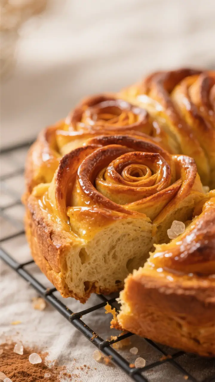 Close-up detail: Warm Pumpkin Rose Bread just out of the oven, deep golden petals with a glossy hone