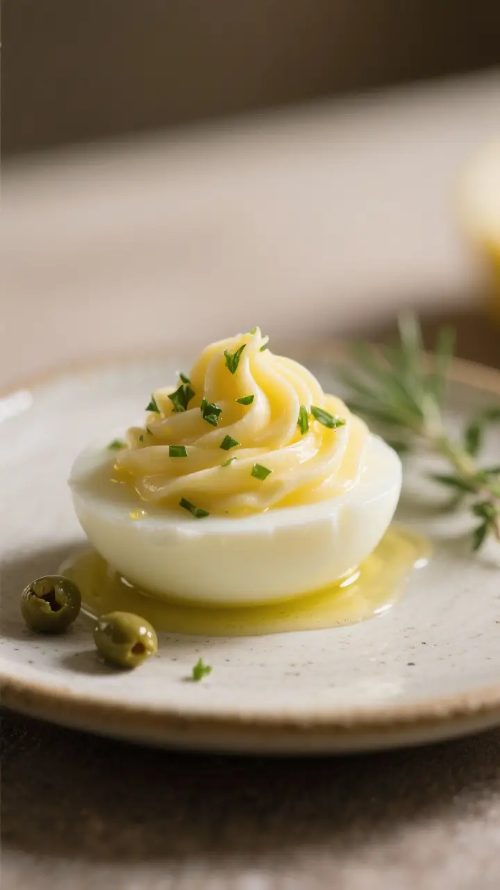 Close-up plated detail: Extreme close-up of a single Lemon-Herb deviled egg on a small ceramic plate