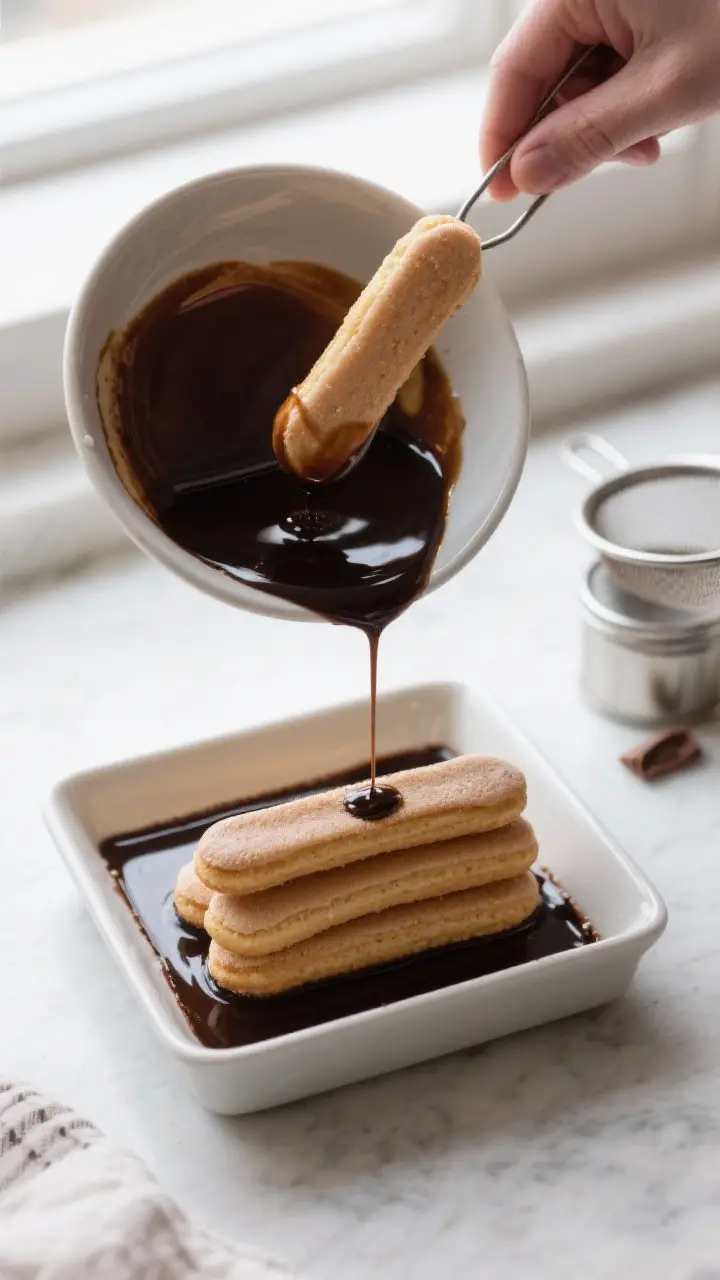 Cooking process: A clean, overhead shot of ladyfingers being dipped for exactly 1 second per side in