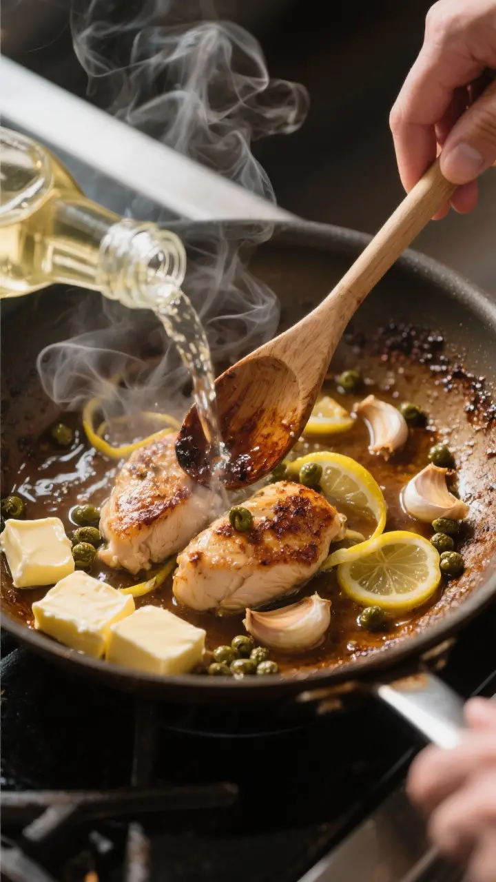 Cooking process action: In-pan deglaze moment—steam rising as dry white wine hits the browned skil