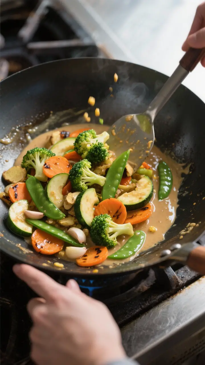 Cooking process action: Overhead shot of veggie stir-fry mid-toss in a wok—broccoli and carrot coi