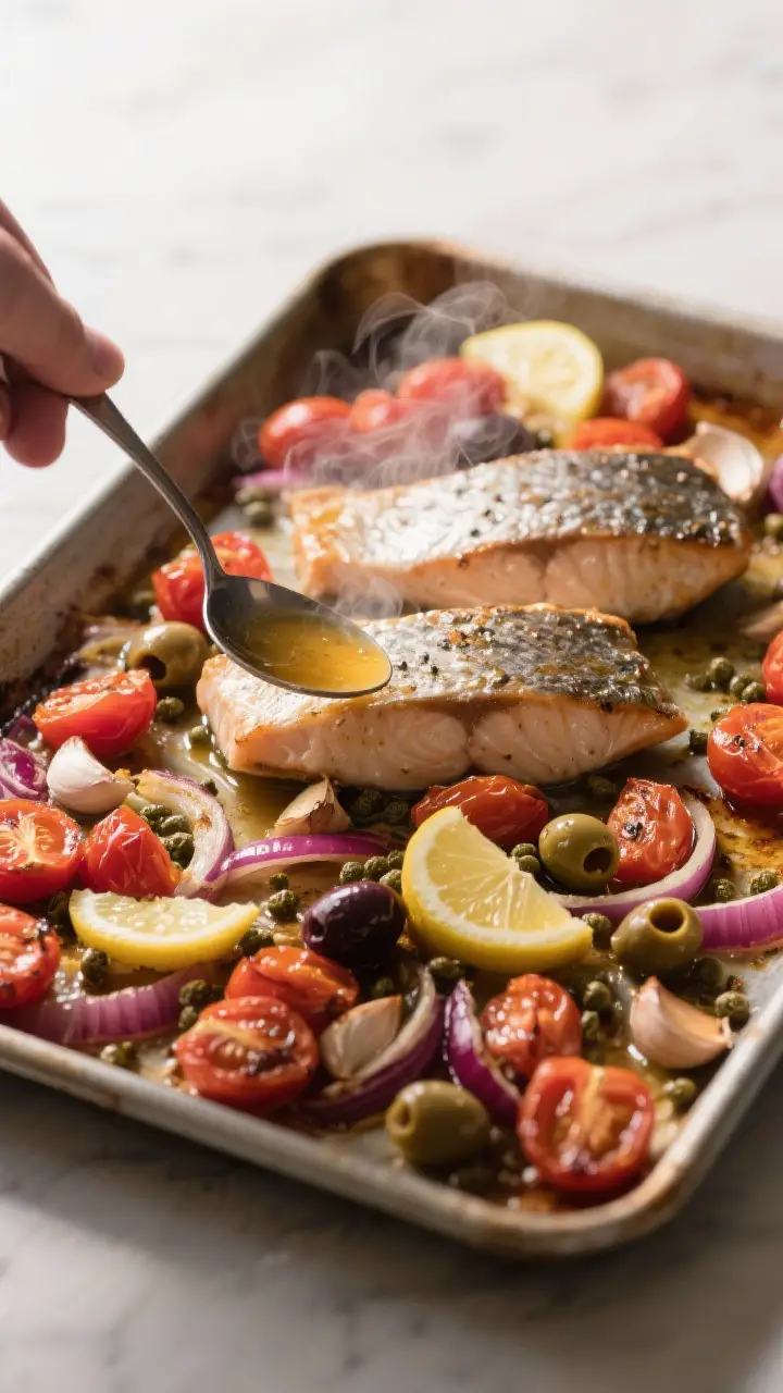 Cooking process action: Sheet-pan scene at the moment out of the oven, fillets resting atop a roaste