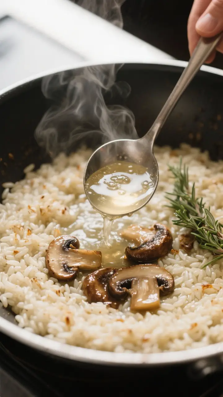 Cooking process action shot: Deglazing stage captured in a wide skillet—risotto rice freshly toast