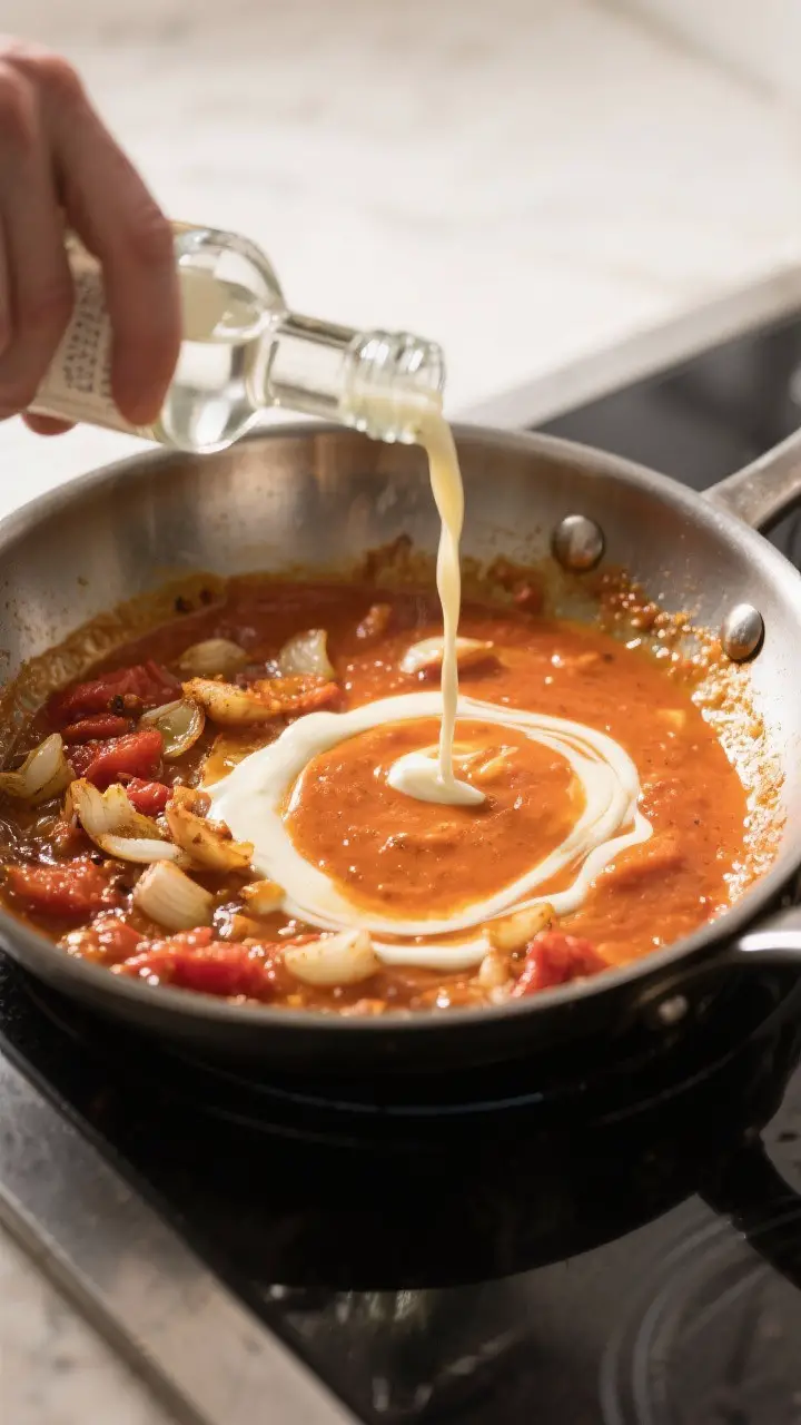 Cooking process: Action shot of deglazing the caramelized tomato paste and sautéed shallots/garlic
