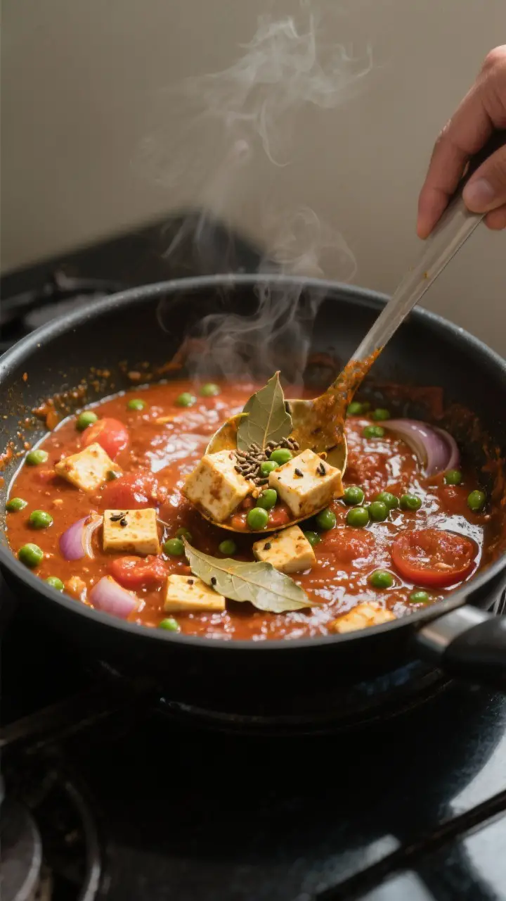 Cooking process action shot: the blended tomato-onion masala simmering in a wide sauté pan with pea