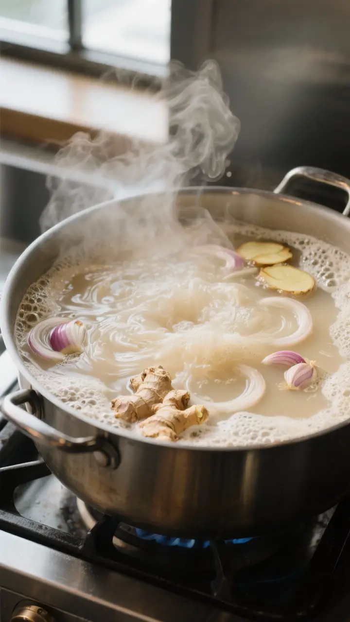 Cooking process – aggressive boil: A large stockpot of tonkotsu broth at a vigorous rolling boil,