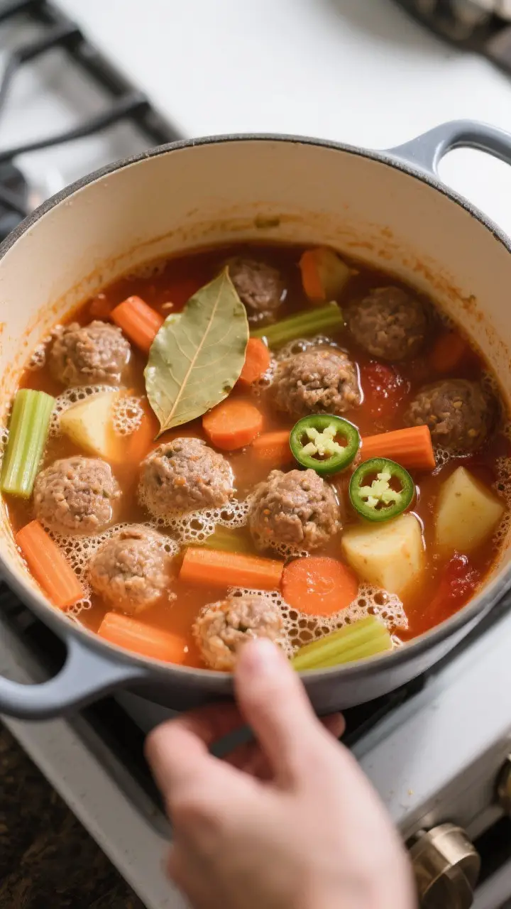 Cooking process: Albondigas Soup simmering gently in a wide Dutch oven, meatballs nestled among carr