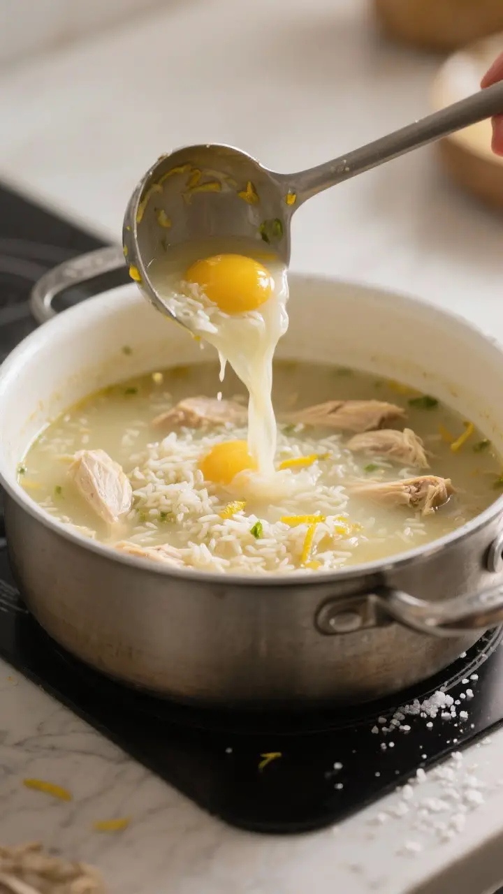 Cooking process: Avgolemono being finished in the pot—tempered egg-lemon mixture being gently stir
