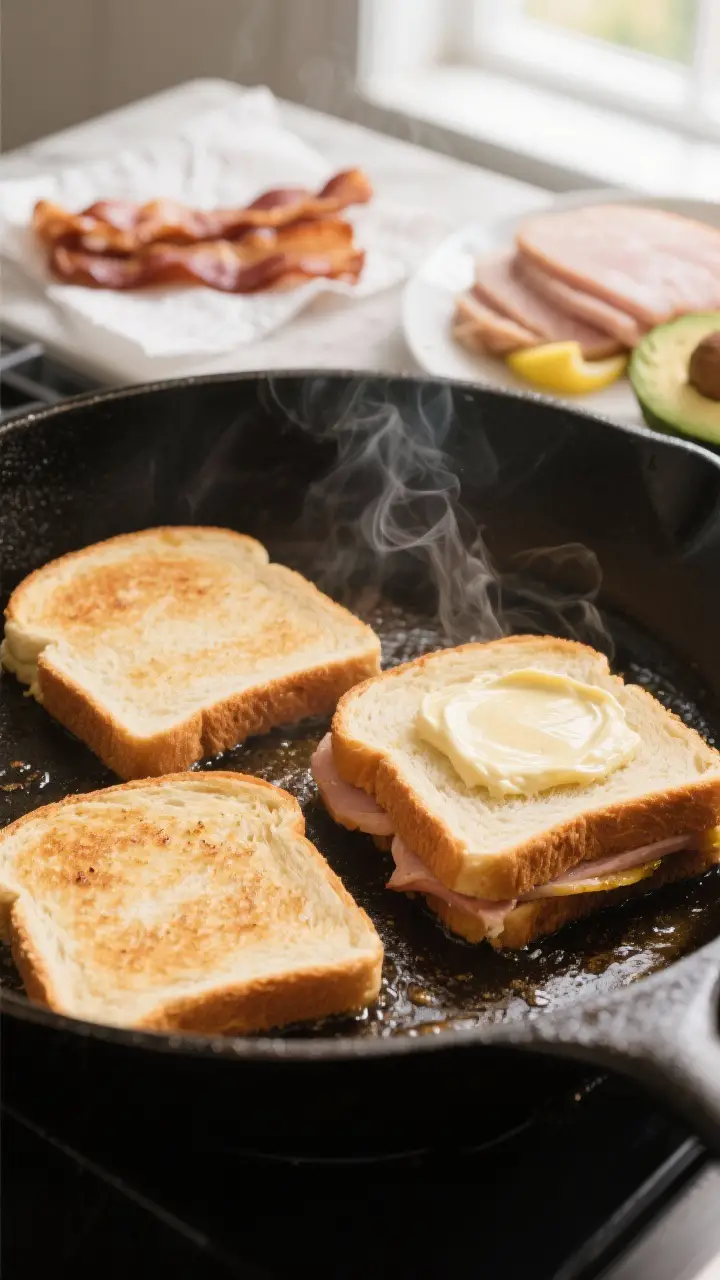 Cooking process: Bread toasting in a skillet to golden perfection for a sturdy club—three slices o