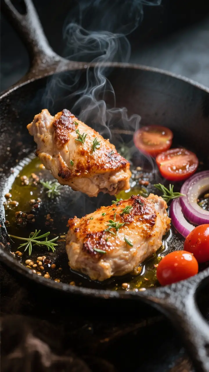 Cooking process: Chicken thighs sizzling in a cast-iron skillet, mid-flip with browned edges and car