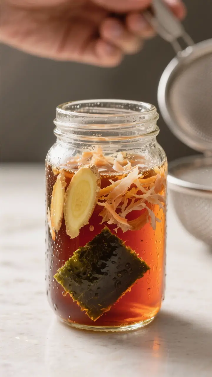Cooking process close-up: A glass jar of freshly prepared ponzu during cold steeping, showing thin s
