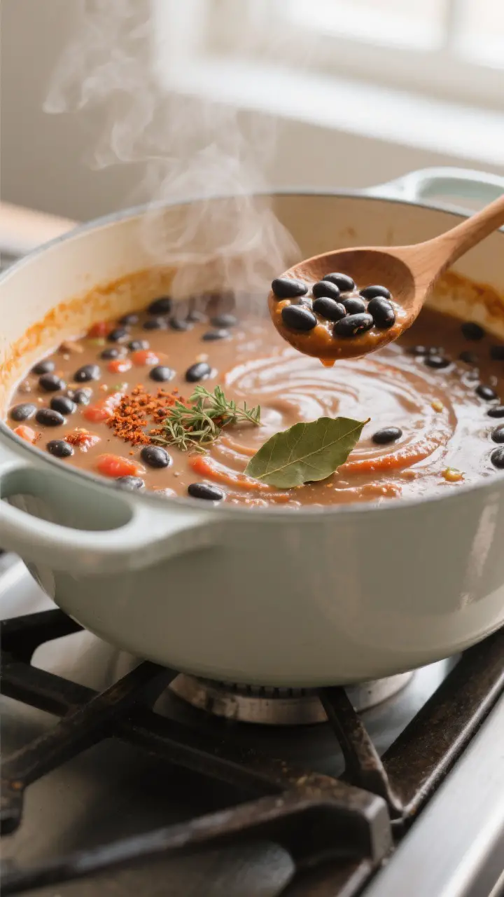 Cooking process close-up: A large enameled pot on the stovetop with Mexican black bean soup simmerin