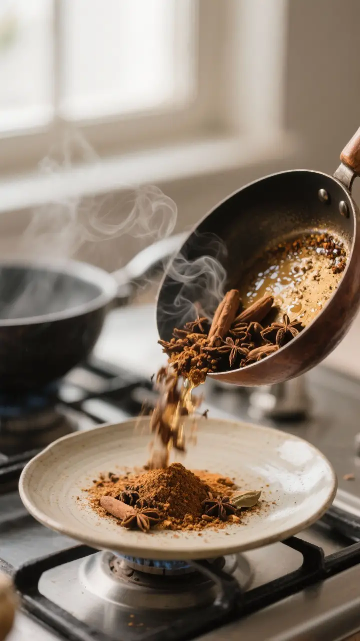 Cooking process close-up: A shallow depth-of-field macro of freshly toasted garam masala being poure