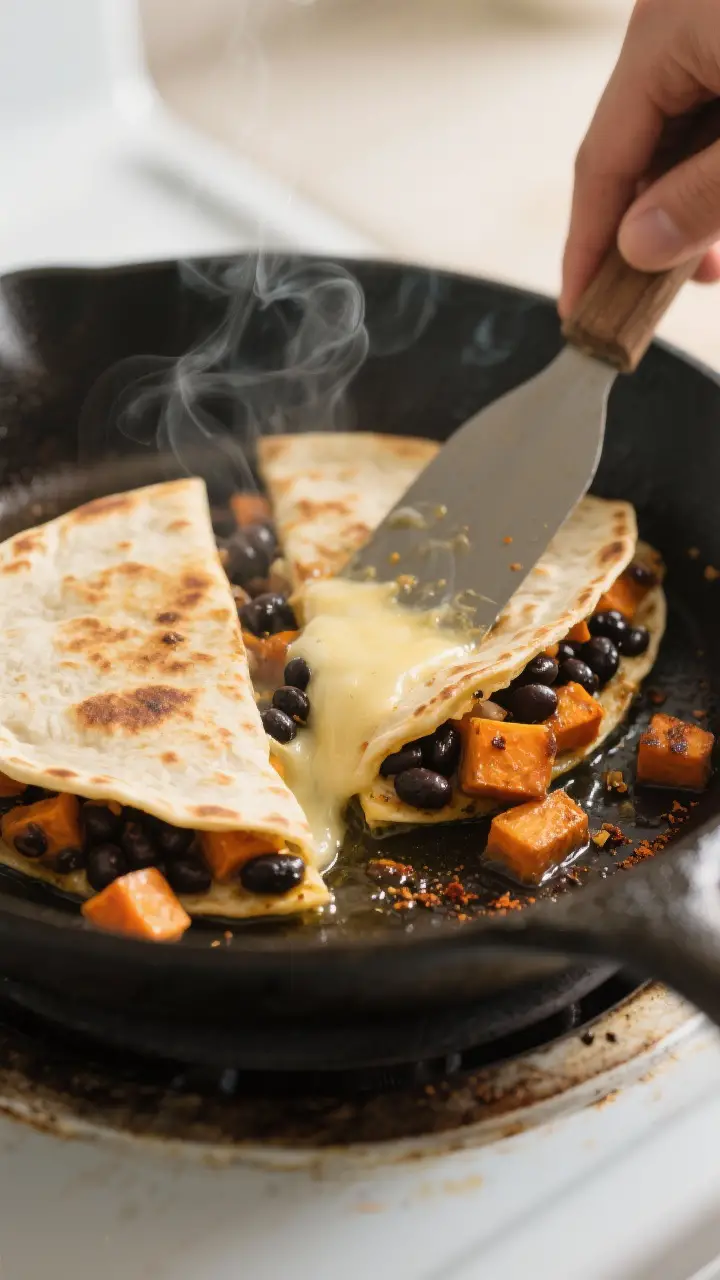 Cooking process close-up: A skillet scene of folded black bean and sweet potato quesadillas sizzling