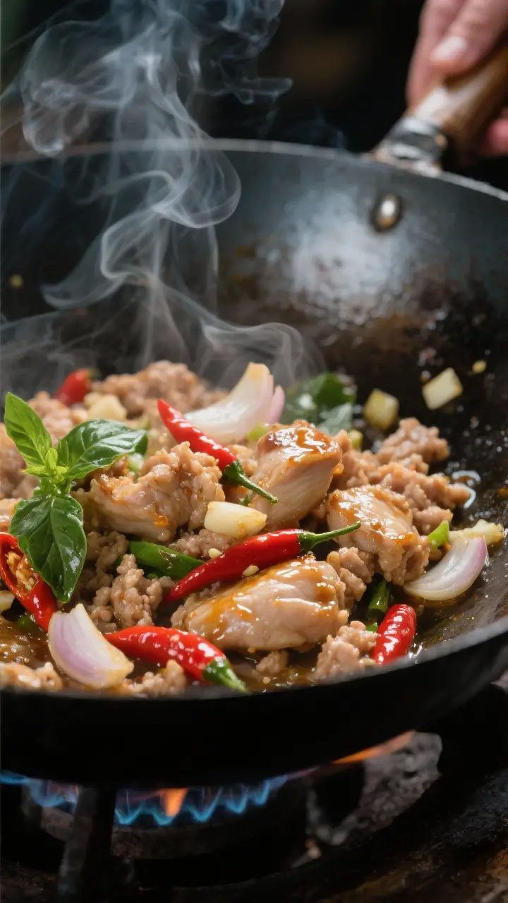 Cooking process, close-up action: Searing minced chicken thigh in a smoking-hot wok with glossy sauc