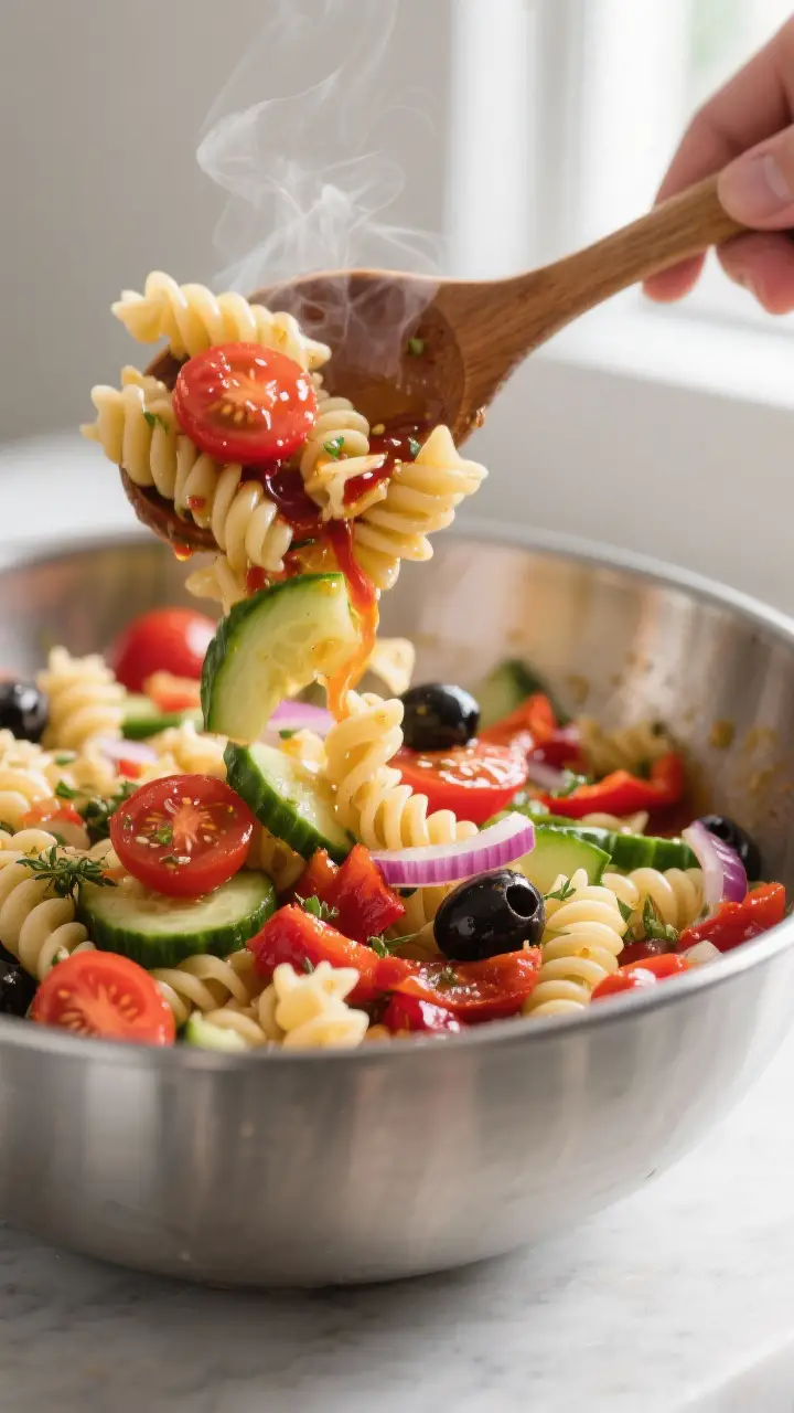 Cooking process, close-up: Al dente rotini just drained and lightly rinsed, steam fading, being toss