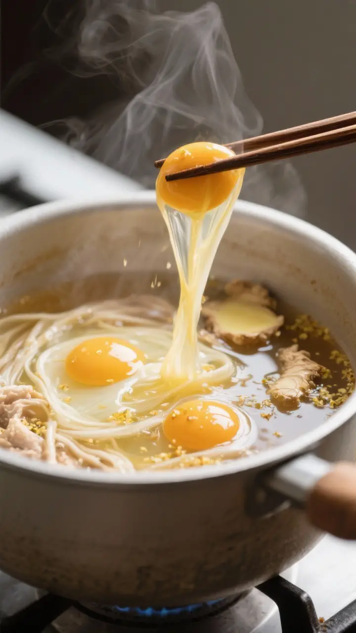 Cooking process close-up: Beaten eggs being streamed in a thin ribbon into a gently simmering, light