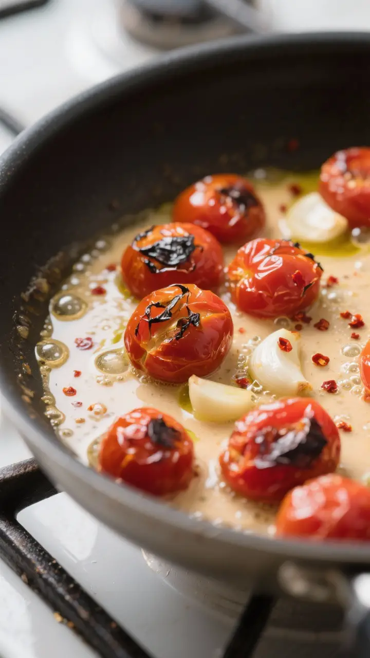 Cooking process close-up: Blistered cherry tomatoes and sliced garlic sizzling in olive oil in a wid