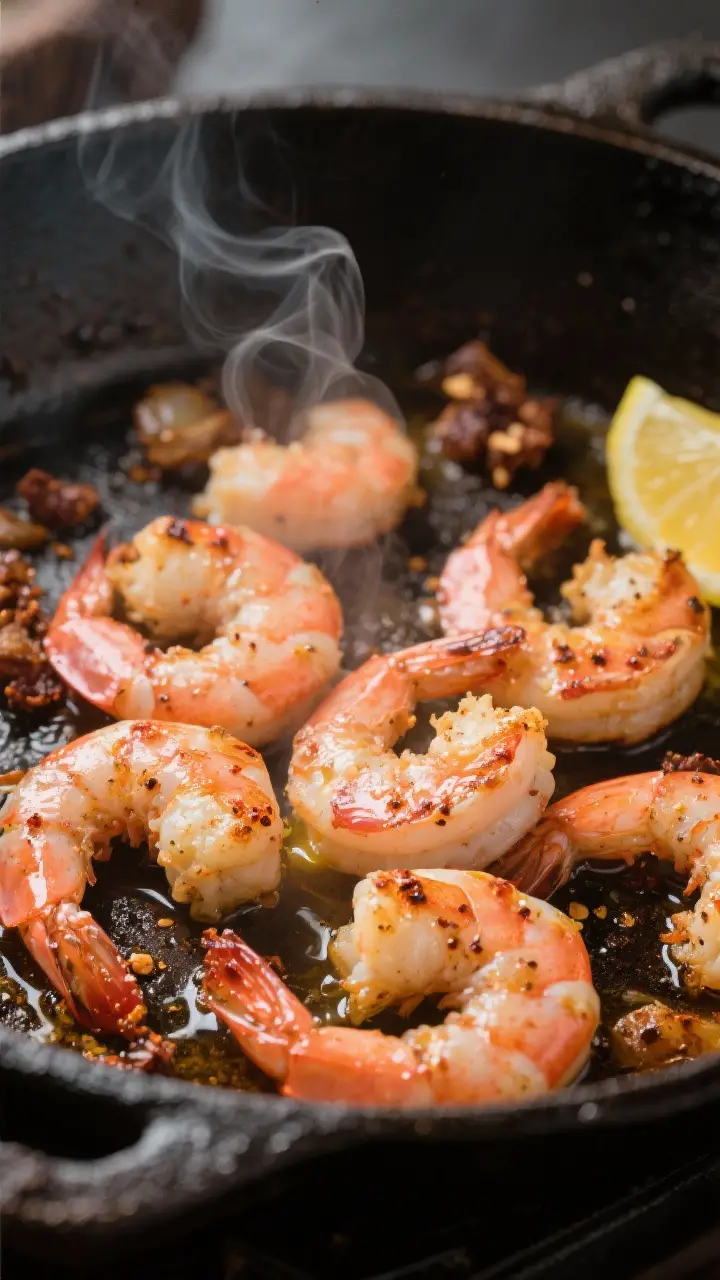 Cooking process close-up: Cajun shrimp being seared in a large cast-iron skillet, shrimp pink and sl