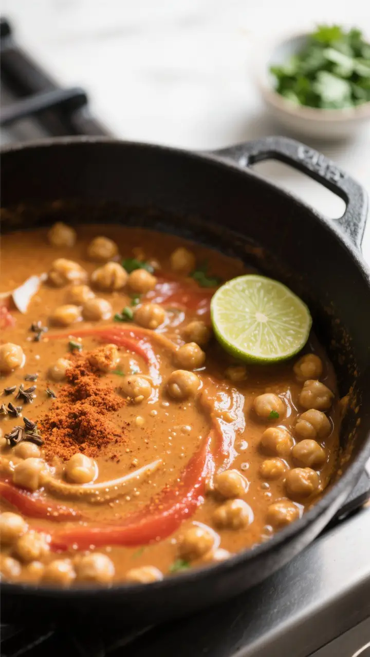 Cooking process close-up: Chickpea curry simmering in a wide, matte-black Dutch oven, showing plump
