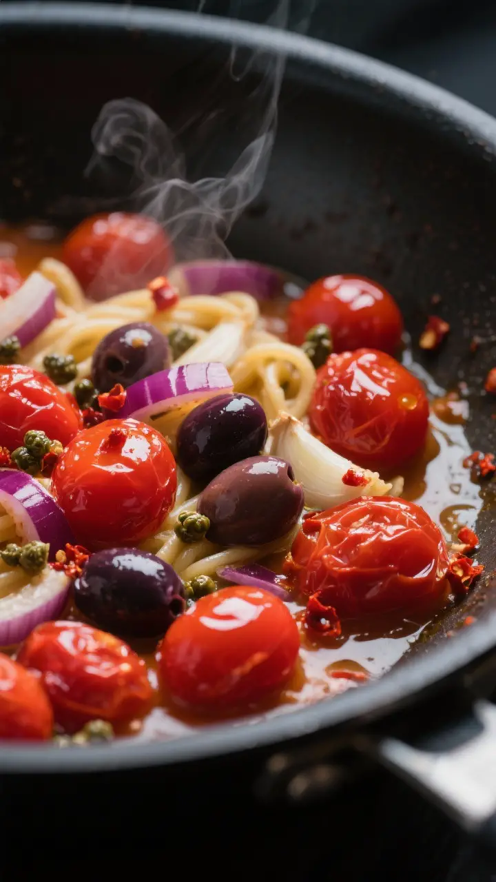Cooking process, close-up: Close-up of glossy cherry tomatoes collapsing in a skillet with softened
