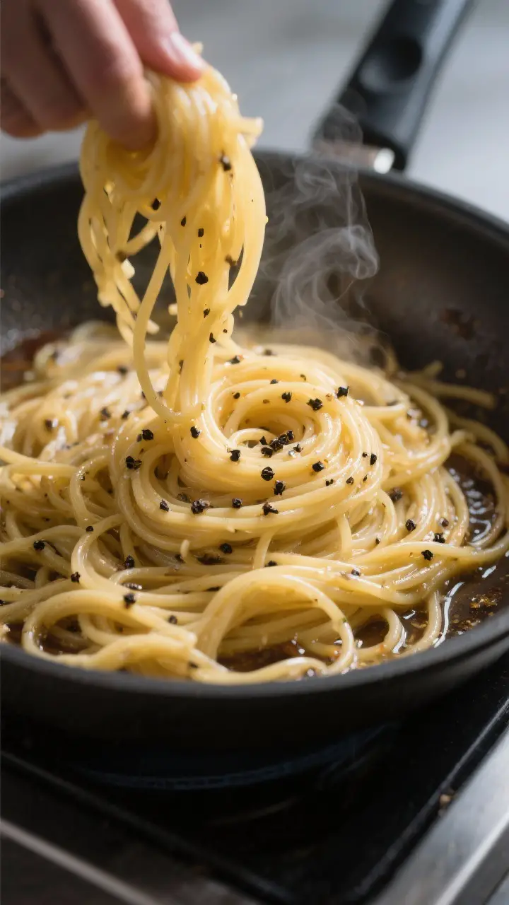 Cooking process, close-up: Coiled spaghetti being tossed in a wide skillet with glossy “pepper tea