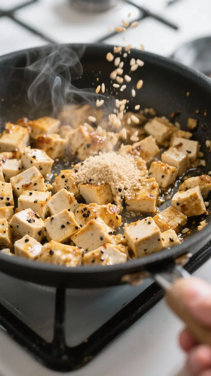 Cooking process close-up: Crumbled firm tofu sautéing in a wide skillet until lightly browned and a