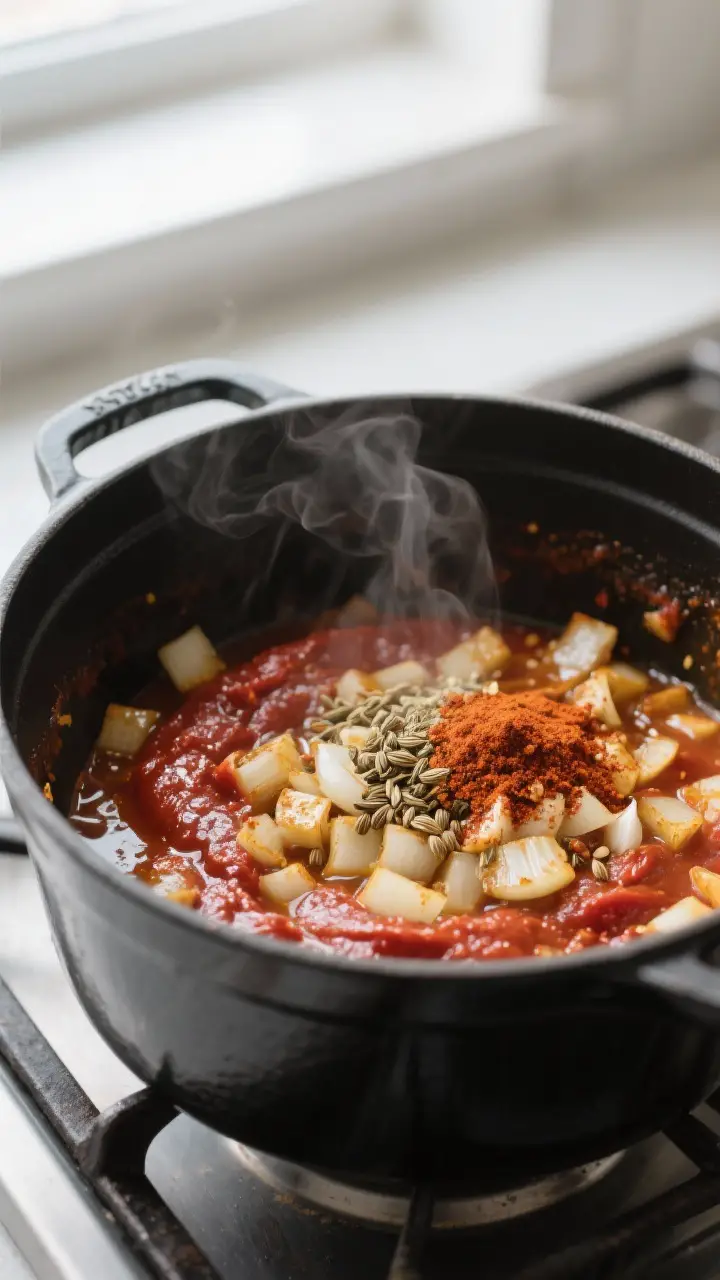 Cooking process, close-up detail: Blooming spices and tomato paste in a Dutch oven over medium heat,