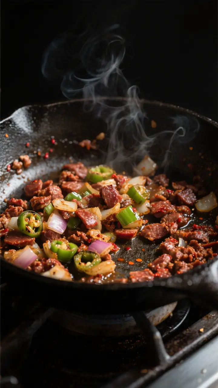 Cooking process, close-up detail: Cast-iron skillet on stovetop with Mexican chorizo crumbles browne