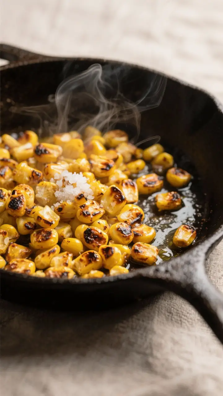 Cooking process, close-up detail: Charred corn kernels sizzling in a hot cast-iron skillet, golden-b