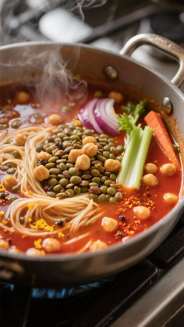 Cooking process, close-up detail: Close-up of Harira simmering in a wide, heavy pot, showing tender