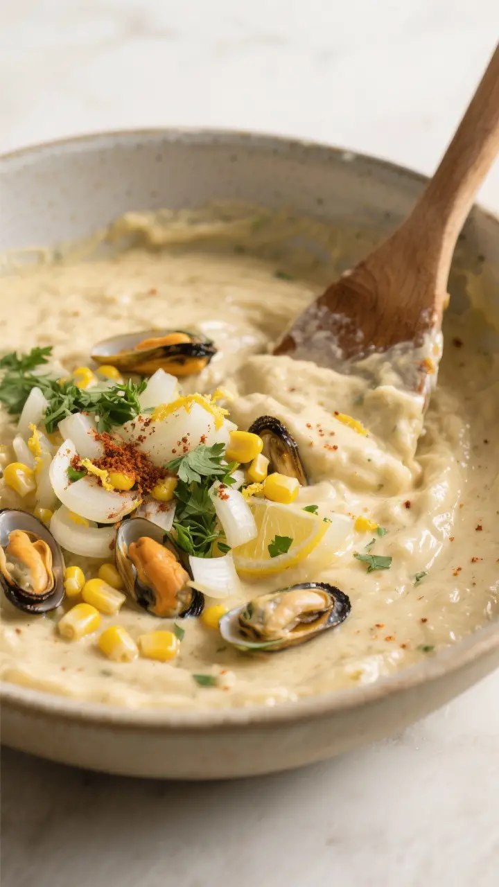 Cooking process, close-up detail: Close-up of the mussel and mielie bread batter being folded in a l
